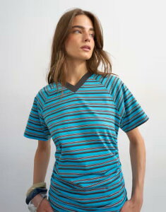 �g�b�v�V���b�v ���f�B�[�X �g�b�v�X T�V���c V�l�b�N �M���U�[ Topshop micro V-neck ruched side tee in stripe TEAL �e�B�[��