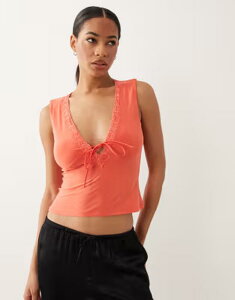 �G�C�\�X ���f�B�[�X �g�b�v�X �V���c ���[�X�g���� ���[�X ASOS DESIGN slinky lace trim top in coral RED ���b�h