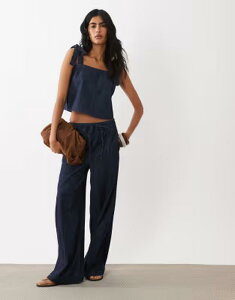�}���S ���f�B�[�X �{�g���X �J�W���A���p���c ���C�h���b�O �v���[�c �f�j�� Mango Calonge tie waist pleated front wide leg denim pants indigo - part of a set INDIGO �C���f�B�S