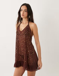 �~�X�Z���t�t���b�W ���f�B�[�X �g�b�v�X �����s�[�X �V�t�H�� �~�j �z���^�[ Misselfridge beachiffon halterneck mini dress with embellishment in chocolate �`���R���[�g