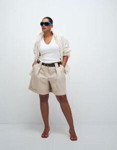 �G�C�\�X ���f�B�[�X �{�g���X �n�[�t�p���c�E�V���[�c �V���[�g�p���c ASOS DESIGN Curve Tailored belted turn up shorts in stone �X�g�[��