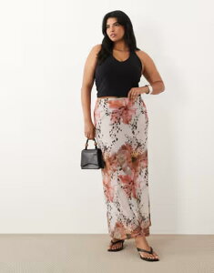 �G�C�\�X ���f�B�[�X �{�g���X�J�[�g �t�����[�� ���b�V�� �V�A�[ �}�L�V �t�����[ ASOS Curve ASOS DESIGN Curve sheer mesh maxi skirt in spotted floral Spotted Floral