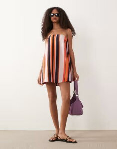 �G�C�\�X ���f�B�[�X �g�b�v�X �����s�[�X �~�j �R�b�g�� ���l�� ASOS DESIGN cotton linen bandeau mini sundress in orange and pink sunset stripe Sunset stripe �X�g���C�v