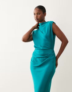 �G�C�\�X ���f�B�[�X �g�b�v�X �����s�[�X �n�C�l�b�N �v���[�c �~�f�B �T�e�� ASOS DESIGN satin high neck pleated bodice midi dress in brighteal Teal �e�B�[��
