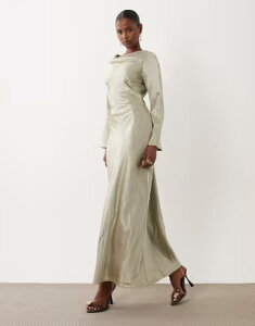 �e�B�G�t�G�k�V�[ ���f�B�[�X �g�b�v�X �����s�[�X �T�e�� �}�L�V TFNC satin flared long sleeve maxi dress in light olive Light olive �I���[�u