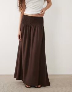 �G�C�\�X ���f�B�[�X �{�g���X�J�[�g ���l�� �}�L�V ASOS DESIGN linen blend shirred waist maxi skirt in chocolate �`���R���[�g