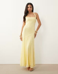 �G�C�\�X ���f�B�[�X �g�b�v�X �����s�[�X �V�t�H�� �}�L�V �z���^�[ ASOS DESIGN stretchiffon halter maxi dress with raw seam details in lemon