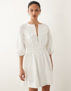 �}���S ���f�B�[�X �g�b�v�X �����s�[�X �~�j �R�b�g�� �h�J Mango 100% cotton long sleevembroidered mini dress WHITE �z���C�g