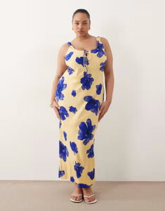 �G�C�\�X ���f�B�[�X �g�b�v�X �����s�[�X �t�����[�� �~�f�B �t�����[ ASOS Curve ASOS DESIGN Curve scoop neck tie front midi dress in blown out blue floral Blown Out Floral �u���[