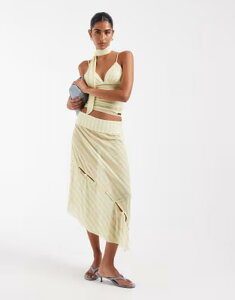 �n�E�X�I�u�T�j�[ ���f�B�[�X �{�g���X�J�[�g �A�V�����g���[ ���b�V�� House of Sunny asymmetric button detailing mesh midaxi skirt in yellow and blue stripes - part of a set YELLOW �C�G���[