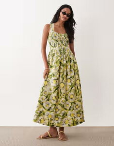 �G�C�\�X ���f�B�[�X �g�b�v�X �����s�[�X �v�����g �}�L�V ASOS DESIGN crinkle scoop neck maxi sundress with shirred waist in yellow daisy print Yellow Daisy Print �C�G���[