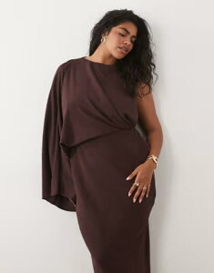 �G�C�\�X ���f�B�[�X �g�b�v�X �����s�[�X �h���[�v �����V�����_�[ �}�L�V ASOS Curve ASOS DESIGN Curve one-shoulder drape back column maxi dress in fudge Brown �u���E��