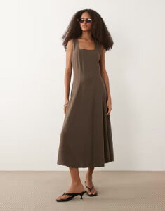 ���B�� ���f�B�[�X �g�b�v�X �����s�[�X �~�f�B ���l�� VILA square neck linen-effect midi dress in slate black �u���b�N