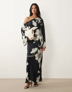 �G�C�\�X ���f�B�[�X �g�b�v�X �����s�[�X �t�����[�� �v�����g �}�L�V �t�����[ ASOS DESIGN fallen shoulder long sleeve column maxi dress in mono floral print Mono floral