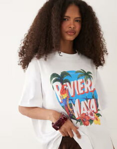 �G�C�\�X ���f�B�[�X �g�b�v�X T�V���c �O���t�B�b�N ASOS DESIGN short sleeve oversized T-shirt with Riviera Maya graphic PRINT �z���C�g
