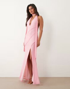 �G�C�\�X ���f�B�[�X �g�b�v�X �����s�[�X �}�L�V �z���^�[ ASOS DESIGN scarf detail plunge halter maxi dress with raw seam details PINK �s���N