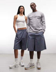 �R���[�W���� ���f�B�[�X �{�g���X �n�[�t�p���c�E�V���[�c �V���[�g�p���c COLLUSION Unisex longline shorts check Blue check �u���[