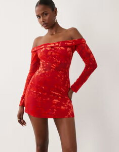 �e�B�G�t�G�k�V�[ ���f�B�[�X �g�b�v�X �����s�[�X �~�j �I�t�V�����_�[ TFNC devore bardot off-shoulder long sleeve mini dress RED ���b�h