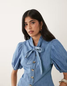 �~�X�Z���t�t���b�W ���f�B�[�X �g�b�v�X �V���c �f�j�� Misselfridge tie neck puff sleeve denim top in mid blue wash Mid Wash �f�j��