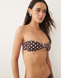 マンゴ レディース 水着 トップのみ ドット柄 ドット ギャザー Mango ruched tie back polka dot bandau bikini top BROWN ブラウン