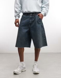 �R���[�W���� ���f�B�[�X �{�g���X �n�[�t�p���c�E�V���[�c �v�����g �R���g���X�g COLLUSION Unisex contrast pocket printed jorts with raw hem in midwash Mid Wash