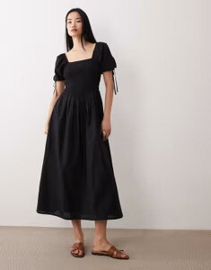 �E�F���Y�f�[�K�[�� ���f�B�[�X �g�b�v�X �����s�[�X Wednesday's Girl shirredetail midaxi smock dress Black �u���b�N