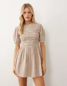 �E�F���Y�f�[�K�[�� ���f�B�[�X �g�b�v�X �����s�[�X �~�j Wednesday's Girl shirred short sleeve mini dress pinstripe BROWN �u���E��