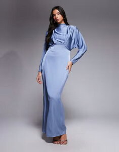 �e�B�G�t�G�k�V�[ ���f�B�[�X �g�b�v�X �����s�[�X �n�C�l�b�N �T�e�� �}�L�V TFNC satin high neck tuck detail maxi dress in dusty blue �u���[