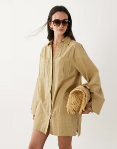 �G�C�\�X ���f�B�[�X �g�b�v�X �����s�[�X �~�j �V���c �R�b�g�� ���l�� ASOS DESIGN cotton linen mini shirt dress with wide cuffs and oversized pockets in stone �X�g�[��
