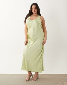 �G�C�\�X ���f�B�[�X �g�b�v�X �����s�[�X �T�e�� �}�L�V ASOS Curve ASOS DESIGN Curve scoop satin maxi dress in lime GREEN �O���[��