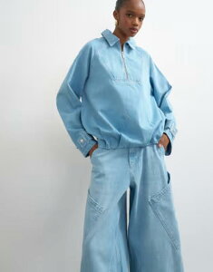 �g�b�v�V���b�v ���f�B�[�X �A�E�^�[ �W���P�b�g�E�u���]�� �n�[�t�W�b�v �f�j�� Topshop denim collared quarter zip blouson jacket in mid Bleach �f�j��