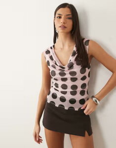 �G�C�\�X ���f�B�[�X �g�b�v�X �V���c �h�b�g�� �h���[�v �h�b�g �v�����g ���b�V�� ASOS DESIGN printed mesh slinky drape top and brown polka dot print Polka Dot �h�b�g
