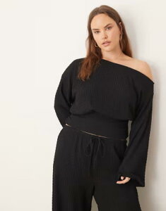 �G�C�\�X ���f�B�[�X �g�b�v�X �V���c �E�G�X�g�}�[�N ASOS Curve ASOS DESIGN Curve textured cinched waist one shoulder long sleeve top - part of a set Black �u���b�N
