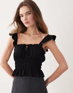 �~�X�Z���t�t���b�W ���f�B�[�X �g�b�v�X �V���c �t���� Misselfridge shirred top with ruffle sleeves Black �u���b�N