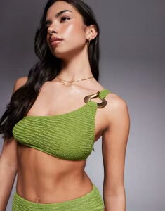 �G�C�\�X ���f�B�[�X ���� �g�b�v�̂� �A�V�����g���[ ASOS DESIGN Oceanasymmetric one shoulder crop bikini top with molten hardware detail Green �O���[��