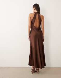 ���B�� ���f�B�[�X �g�b�v�X �����s�[�X �w���J�� �T�e�� �}�L�V �z���^�[ VILA halterneck backlessatin maxi dress in chocolate Shaved Chocolate �`���R���[�g