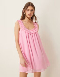 �L�X�U�X�J�C ���f�B�[�X �g�b�v�X �����s�[�X �~�j Kiss The Sky Dolly off the shoulder frill baby doll mini dress in hot PINK �s���N