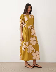 �E�F���Y�f�[�K�[�� ���f�B�[�X �g�b�v�X �����s�[�X �t�����[�� �t�����[ Wednesday's Girl tie sleeve floral midaxi smock dress GREEN �O���[��