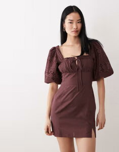 �E�F���Y�f�[�K�[�� ���f�B�[�X �g�b�v�X �����s�[�X �~�j Wednesday's Girl short eyelet sleeves mini dress BROWN �u���E��