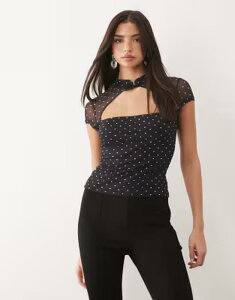 �G�C�\�X ���f�B�[�X �g�b�v�X �V���c �h�b�g�� �J�b�g�A�E�g �h�b�g �v�����g ���b�V�� ASOS DESIGN rouleau loop top with cutout in polka dot printed mesh Polka Dot �h�b�g