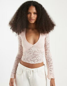 ���[�e�� ���f�B�[�X �g�b�v�X �V���c ���[�X Motel Yamuna long sleeve lace top in soft PINK �s���N