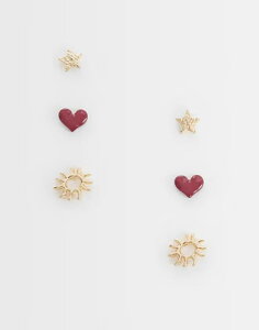 �G�C�\�X ���f�B�[�X �A�N�Z�T���[ �s�A�X�E�C�������O ASOS DESIGN multi-pack of studs with enamel hearts and sun design tone GOLD �S�[���h
