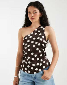 �G�C�\�X ���f�B�[�X �g�b�v�X �^���N�g�b�v �A�V�����g���[ �M���U�[ ���l�� ASOS DESIGN linen blend ruched asymmetric one shoulder top in Chocolate Polka Dot �`���R���[�g
