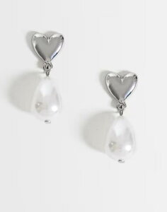 �G�C�\�X ���f�B�[�X �A�N�Z�T���[ �s�A�X�E�C�������O �~�j ASOS DESIGN earrings with mini heart and faux pearl drop design tone SILVER �V���o�[