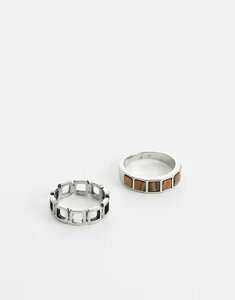 �G�C�\�X �����Y �A�N�Z�T���[ �����O ASOS DESIGN 2 pack open chain link and faux tigers eye stone ring SILVER �V���o�[