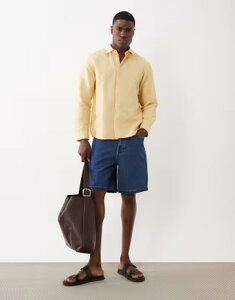 �Z���N�e�B�b�h �����Y �g�b�v�X �V���c ���l�� Selected linen blend long sleeve shirt in yellow Ochre �C�G���[