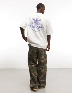 �G�C�\�X �����Y �g�b�v�X T�V���c �O���t�B�b�N ASOS DESIGN heavyweight oversized T-shirt with St Lucia graphic seersucker fabric Off-white �I�t�z���C�g