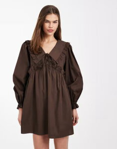 �f�C�W�[�X�g���[�g ���f�B�[�X �g�b�v�X �����s�[�X �~�j Daisy Street volume sleeve smock mini dress with oversized collar BROWN �u���E��
