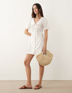 �u���[�u�\�E�� ���f�B�[�X �g�b�v�X �����s�[�X �~�j Brave Soul button front mini tea dress with oversized collar and embroidery detail CREAM �N���[��