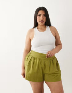�G�C�\�X ���f�B�[�X �{�g���X �n�[�t�p���c�E�V���[�c �V���[�g�p���c ���l�� ASOS Curve ASOS DESIGN Curve linen look pull on shorts in olive �I���[�u